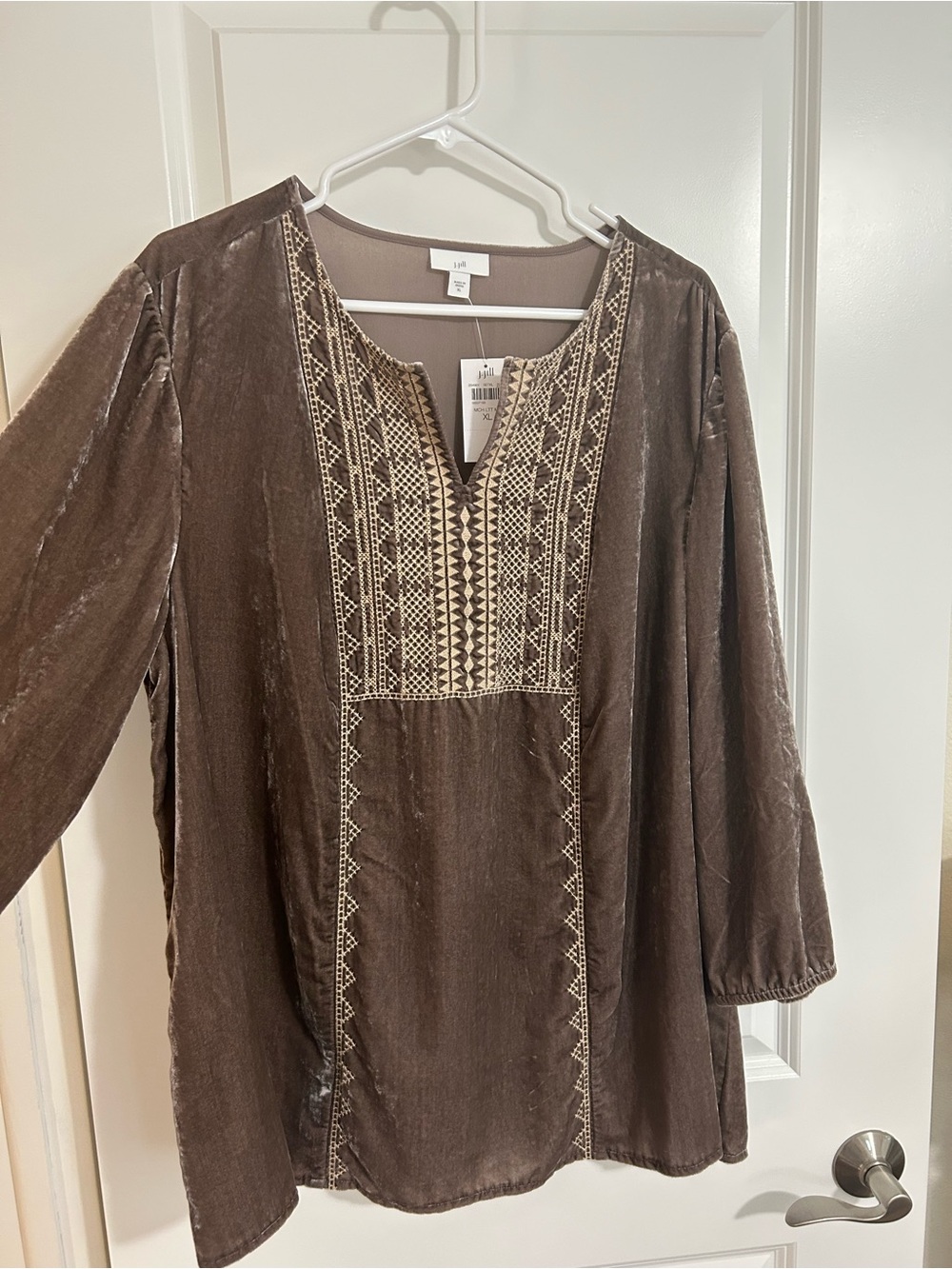 J. Jill Brown Velvet Tunic with Cream Embroidery